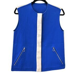 Akris Blue Beige Reversible Colorblock Cotton Blend Snap Button Vest Size 2